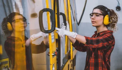 A woman wearing safety goggles and earmuffs operates a large industrial machine in a workshop. She is dressed in a red plaid shirt and gloves.