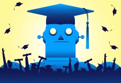 Illustration of a blue robot wearing a graduation cap, surrounded by graduates tossing caps and holding diplomas against a yellow background.