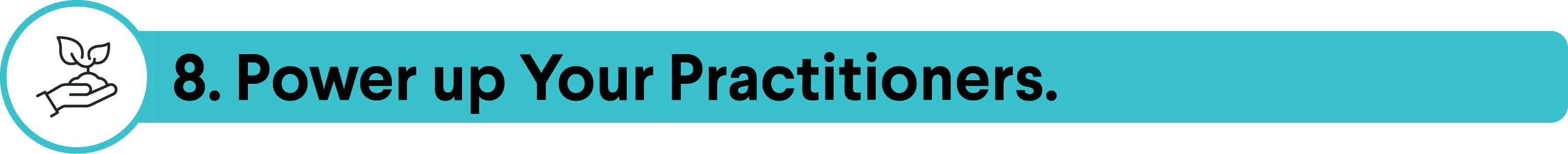 A teal banner with an icon of a hand holding leaves and the text "8. Power up Your Practitioners.