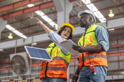 Two manufacturer workers holding clipboards and solar panels