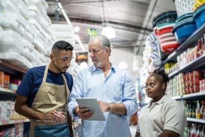 Three people in a store aisle, two men and a woman, are looking at a tablet. Shelves of products surround them, including baskets and food items.