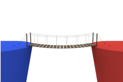 A wooden suspension bridge connects two opposing cliffs, one blue on the left and one red on the right, against a white background.