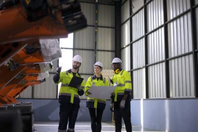 Three engineers in safety gear and helmets discuss plans in an industrial setting, standing near orange machinery.