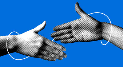 Two pixelated hands reaching for a handshake on a blue background, with a white spiral pattern intersecting both hands.